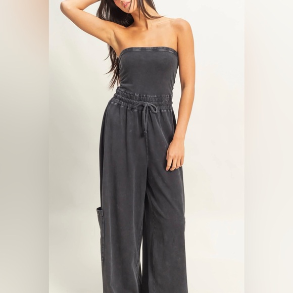 NWT Washed Cotton Tube Top Strapless Drawstring Cargo Pocket Wide Leg Jumpsuit - Picture 2 of 6